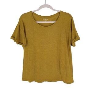 J Crew Linen Tee Shirt Womens Size Medium Mustard Yellow Knit Roll Cuff